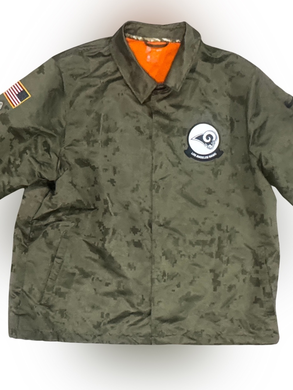 Nike NFL Los Angeles Rams Camo Coach Jacket - Olive Green with Orange Lining